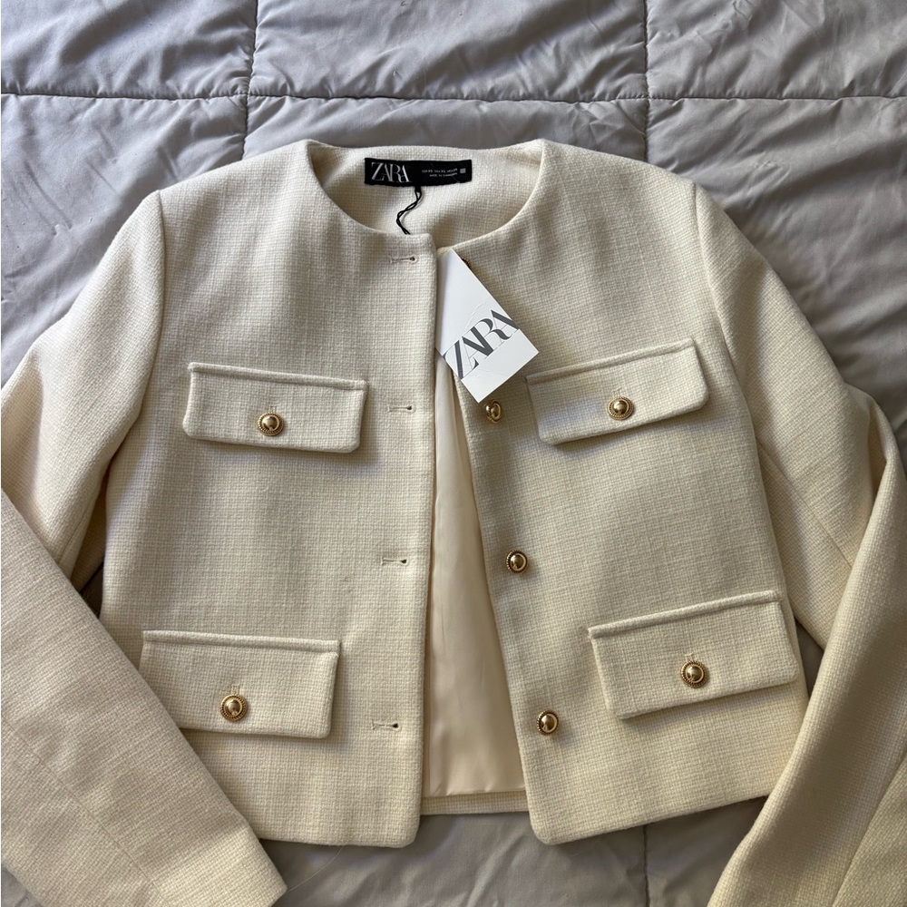 Zara Cream Blazer Structured Wool-Blend